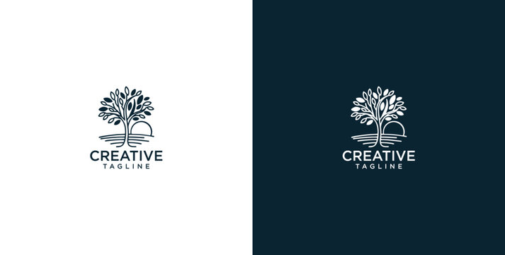 Elegant tree logo design with creative tagline placeholder on white and dark backgrounds, representing growth and nature