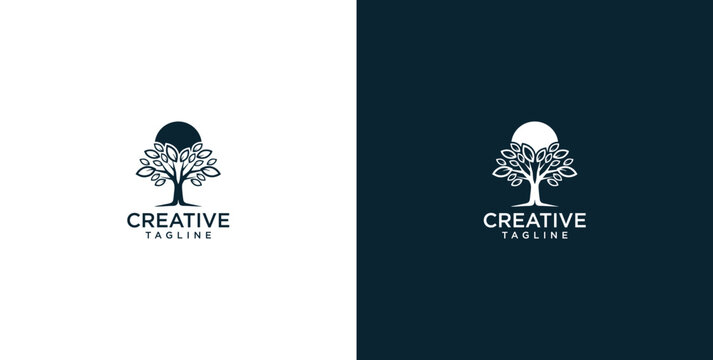 Elegant abstract logo design combining a majestic tree with an open book, symbolizing knowledge, growth, wisdom, and educational enlightenment under a celestial body