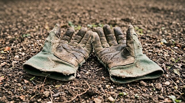 A pair of well-worn, dirt-stained work gloves resting on the textured, dark soil, symbolizing hard labor and dedication