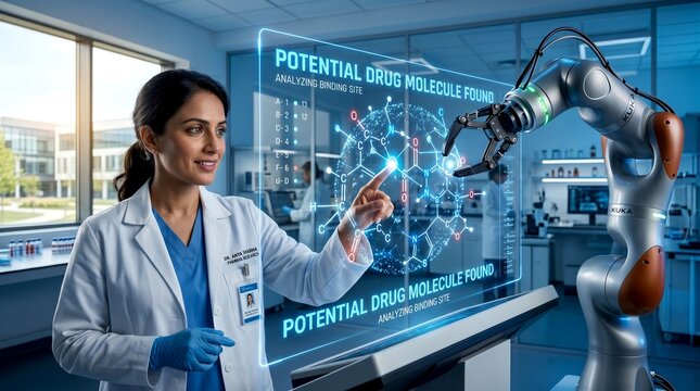 A smiling female scientist wearing a lab coat and blue gloves touches a futuristic transparent screen with a molecule in a laboratory with a robotic arm, 3d rendered