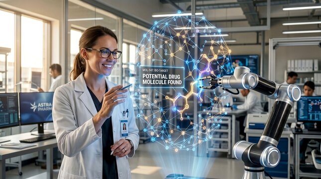 Smiling female scientist in a lab coat interacts with a holographic molecular structure and robotic arm in a modern research facility.