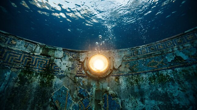 Ancient stone ruins underwater with glowing inner light