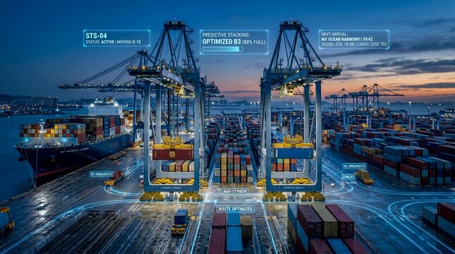 An aerial view of a busy industrial port with large container ships and cargo cranes at dusk