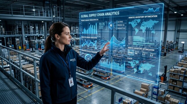 A female warehouse manager interacts with a futuristic global supply chain analytics hologram in a large distribution center.