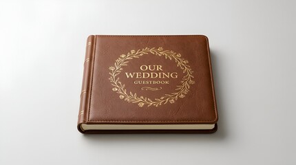 Obraz premium Brown leather wedding guestbook with gold foil wreath.