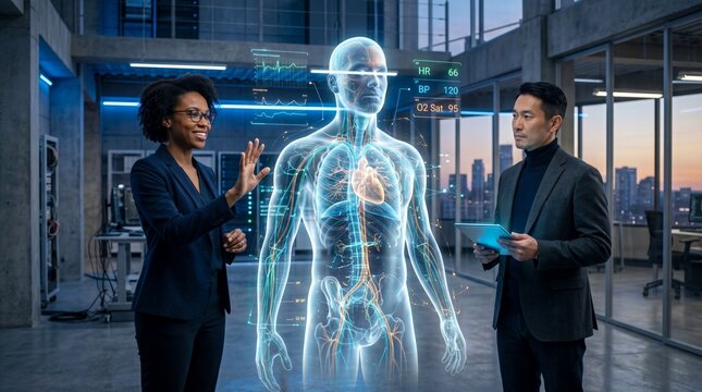 Two diverse medical professionals analyze a glowing human anatomy hologram with vital signs in a modern office.