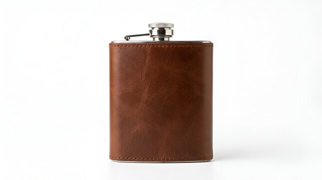 Brown leather wrapped stainless steel hip flask.