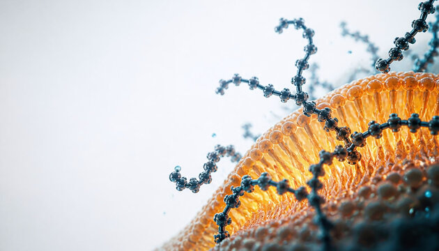 Hydrocarbon Chain Molecules Floating Around Orange Lipid Bilayer Cell Membrane, Large Copy Space Scientific Illustration
