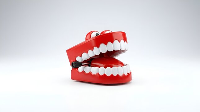 Chattering teeth wind-up toy with googly eyes.