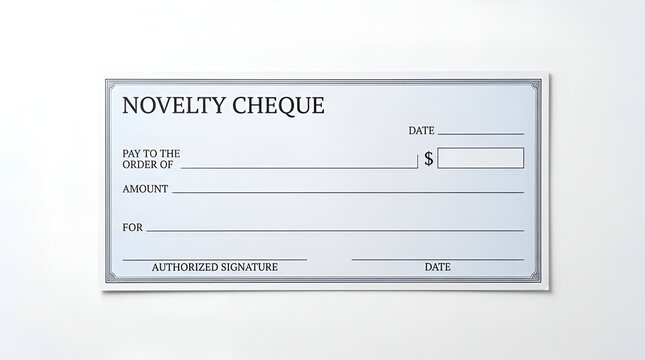 Blank novelty cheque template on white background.