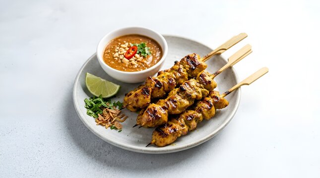 Chicken satay skewers with peanut sauce on white plate.