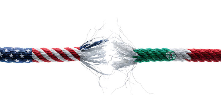 A thick rope patterned with the flags of the united states and iran, fraying and breaking apart in the center, symbolizing a collapse in diplomacy isolated on a transparent background