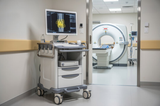 Medical imaging cart with diagnostic monitor beside CT scanner in corridor
