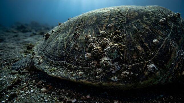 Close up of sea turtle shell on seabed.