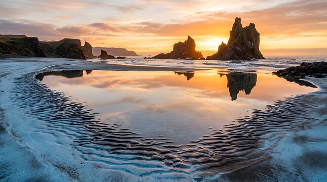 Coastal sea stacks reflected in calm tide pool water.