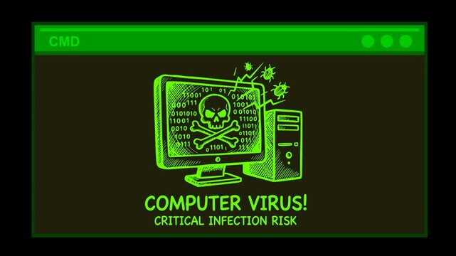 animation of a hacked computer screen displaying a red skull warning message with binary code and alpha channel