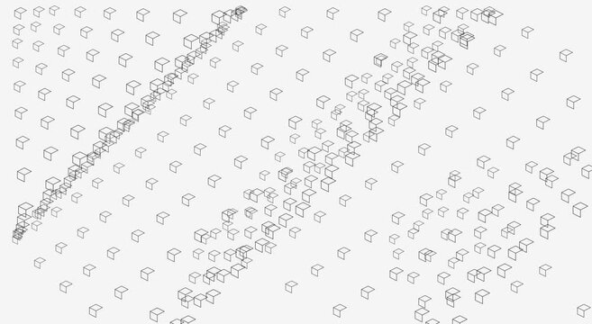 Abstract geometric motion animation background, with floating wireframe cubes