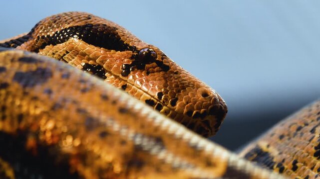 Close up head of a python or Boa constrictor snake slowly crawling  with the tongue coming out on a cloudy spring day
