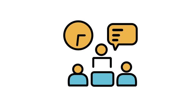 Animated business presentation icon showing team members discussing project timeline and management clock goals.