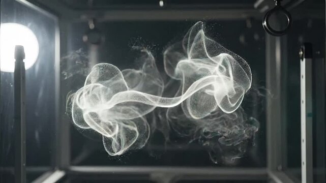 Smoke swirling in a dark room with light.
