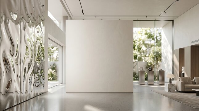 Modern art gallery interior mockup with large empty wall, luxury minimalist showroom with chrome liquid metal wall and natural light.