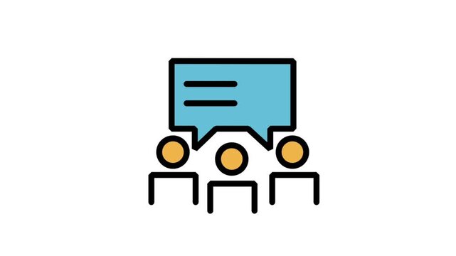 Animated team meeting icon with professionals discussing business strategy under a large speech bubble.
