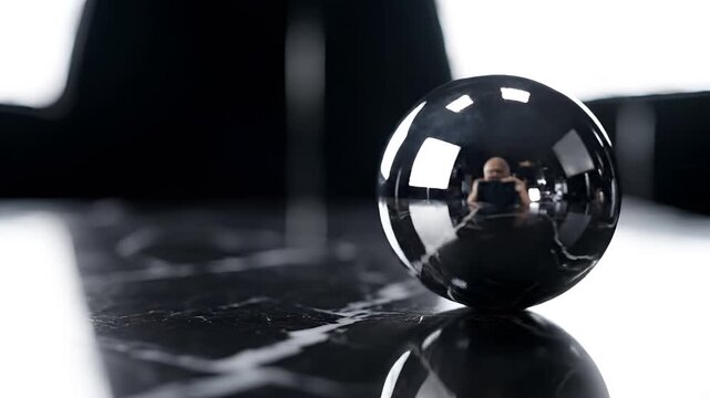 Closeup of a reflective black sphere on a marble surface.