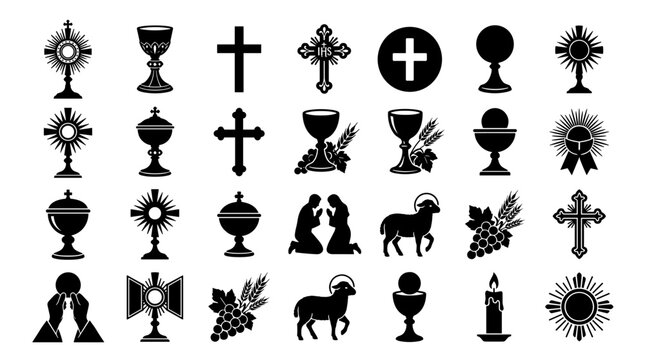 A collection of Christian symbols and icons on transparent background