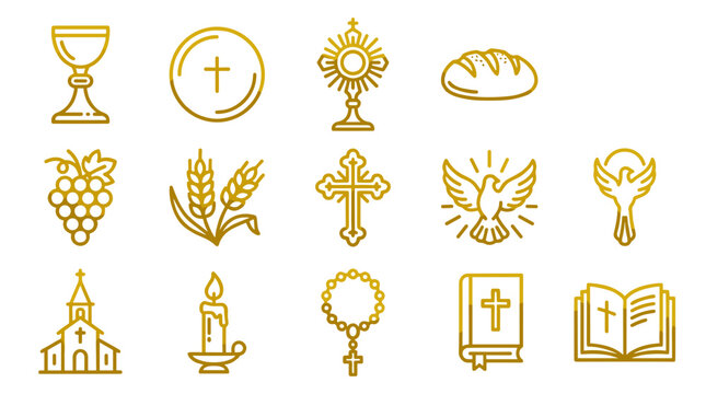 A set of Christian icons and symbols in a minimalist gold design on transparent background