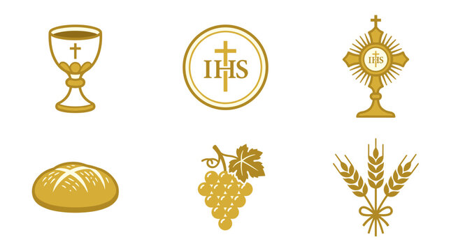 A set of six gold Christian symbols on transparent background