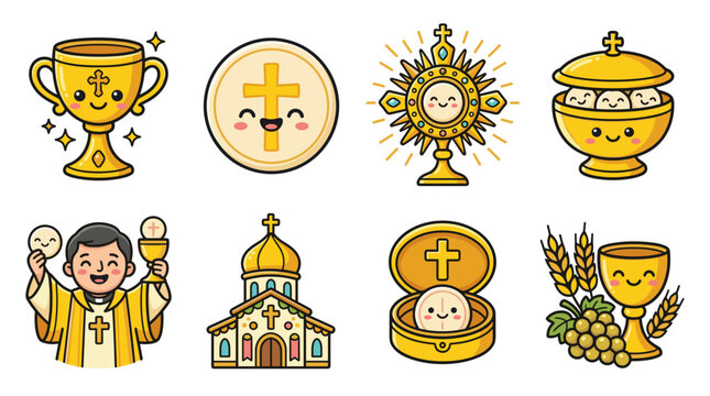 A set of cartoon Christian icons and symbols on transparent background