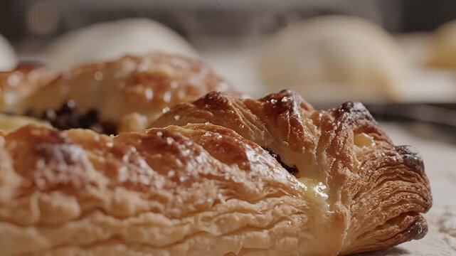 Closeup of Delicious Flaky Pastry with Powdered Sugar Sprinkled on Top.