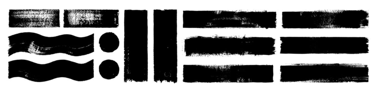 Brush paint stroke line set. Straight and wavy black vector stripes. Dry touch texture grunge effect. Handdrawn ink calligraphy marks, Japanese brushstroke pack. Abstract splash stain vintage label bg