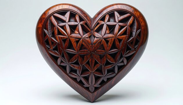 Carved Wooden Heart with Geometric Floral Pattern
