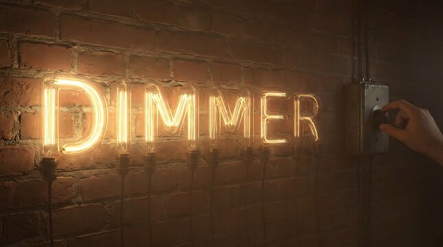 Glowing neon dimmer sign on brick wall with hand adjusting light.