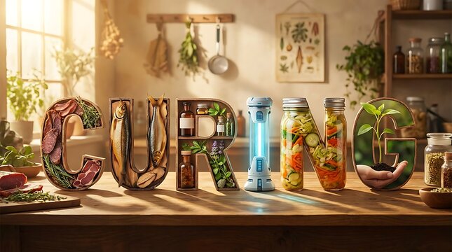 Curing word formed by herbs spices and jars in sunlit rustic kitchen.