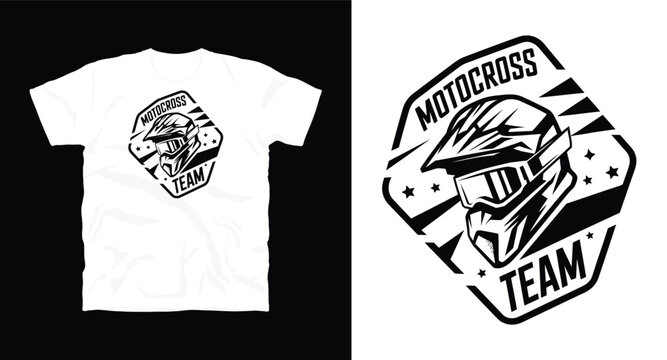 Motocross team helmet logo with goggles t-shirt design vector for extreme sports and racing gear.