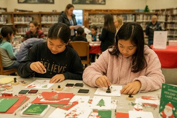 Fototapeta premium Two girls are stamping Christmas cards at a library table. The workshop is filled with festive creativity and community spirit. Ideal for holiday education and craft activity themes.