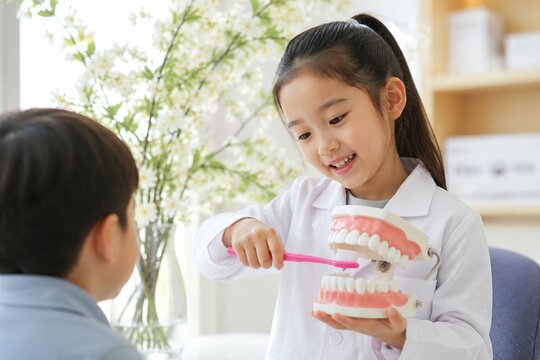 A young girl in a white lab coat demonstrates teeth brushing on a jaw model. Educational and playful atmosphere promoting health. Ideal for dental clinics and educational materials.
