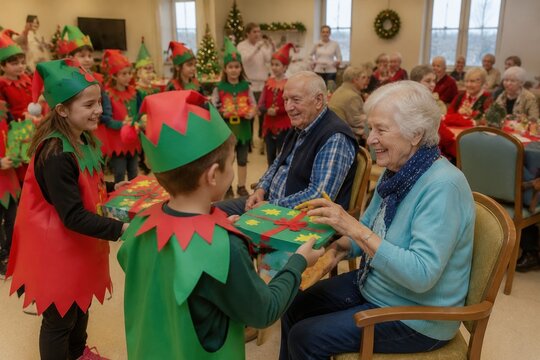 Children in elf costumes give Christmas presents to elderly people in a nursing home. Heartwarming intergenerational holiday celebration. Ideal for charity or community event promotions.