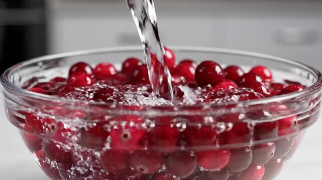 Fresh Cranberries Being Rinsed in a Clear Glass Bowl with Water.