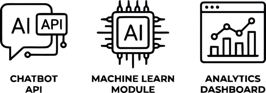 Illustration of AI technology icons set including chatbot, machine learning and analytics dashboard.