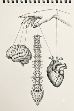 Anatomical illustration of human brain heart and spine hanging like marionette puppets from a hand on notebook background