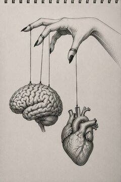 Anatomical brain and heart hanging by threads like marionettes on notebook background