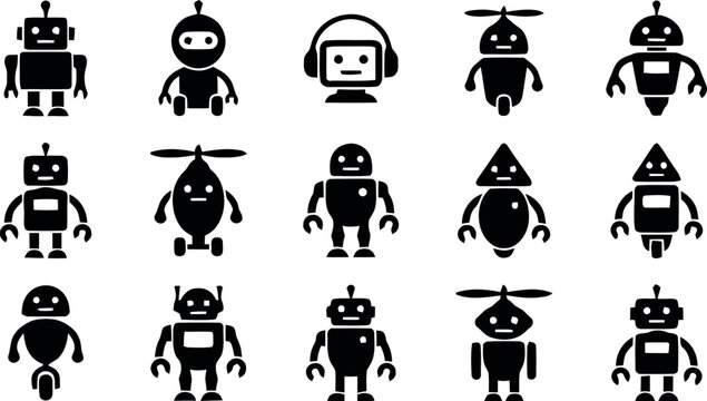 Illustration of Collection of various black robot icons on white background.