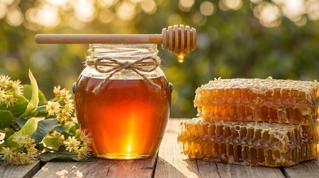 Madu alami dalam toples kaca dengan dipper, ditemani sarang lebah segar dan bunga linden di meja kayu, berlatar cahaya senja keemasan.