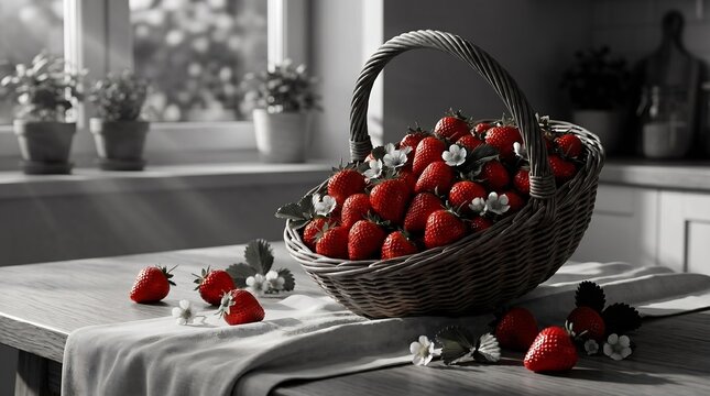 Stroberi merah segar melimpah dalam keranjang anyaman di meja kayu, dikelilingi bunga putih. Gambar estetik untuk iklan, reklame, karya seni dan advertising lainnya