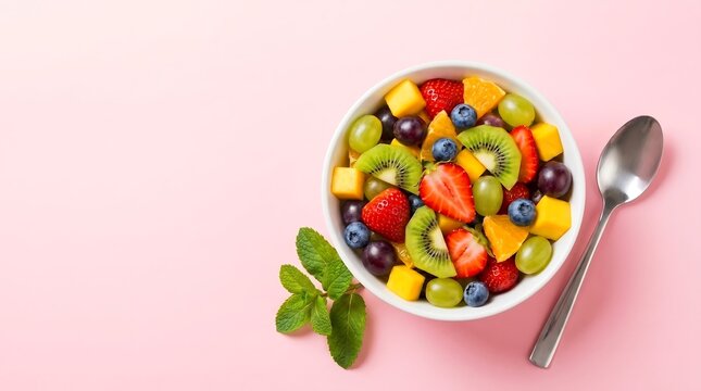 Salad buah segar warna-warni dalam mangkuk putih, penuh stroberi, kiwi, mangga, blueberry, anggur, jeruk. Hidangan sehat menyegarkan di latar merah muda cerah.