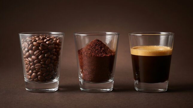 Tiga gelas kopi terdiri dari, Biji Kopi Utuh, Bubuk Halus, dan Secangkir Espresso Panas dengan Crema Sempurna.. Transformasi Kopi yang Memukau.