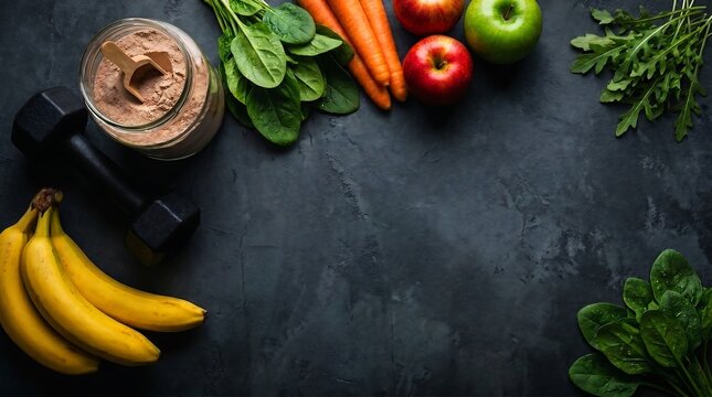 Buah pisang, bayam, wortel, apel merah dan apel hijau serta dumbbell. Persiapan nutrisi dan kebugaran:  Esensial untuk gaya hidup sehat dan aktif. Copyspase untuk iklan dan reklame.